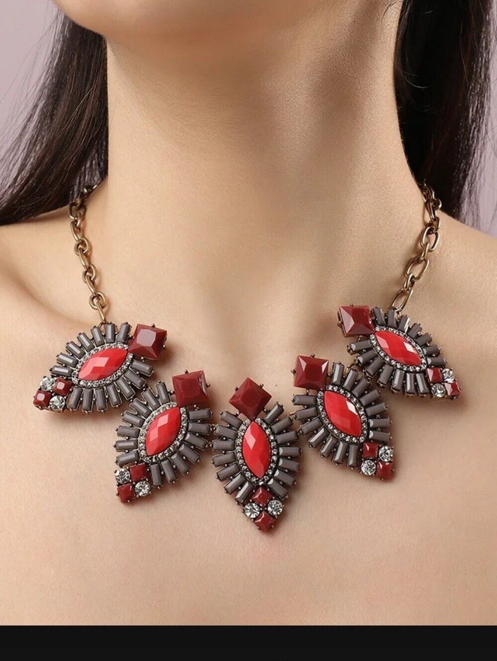 Statement Chunky Red and Lavender Bib Necklace - Women Jewelry